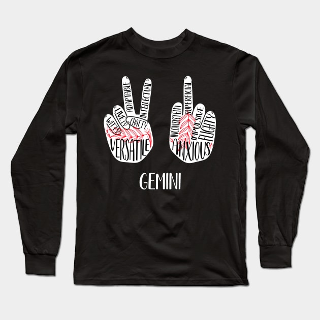 Gemini, Zodiac, June Birthday, Yin Yang, Peace Sign, Middle Finger Long Sleeve T-Shirt by Possetivitees